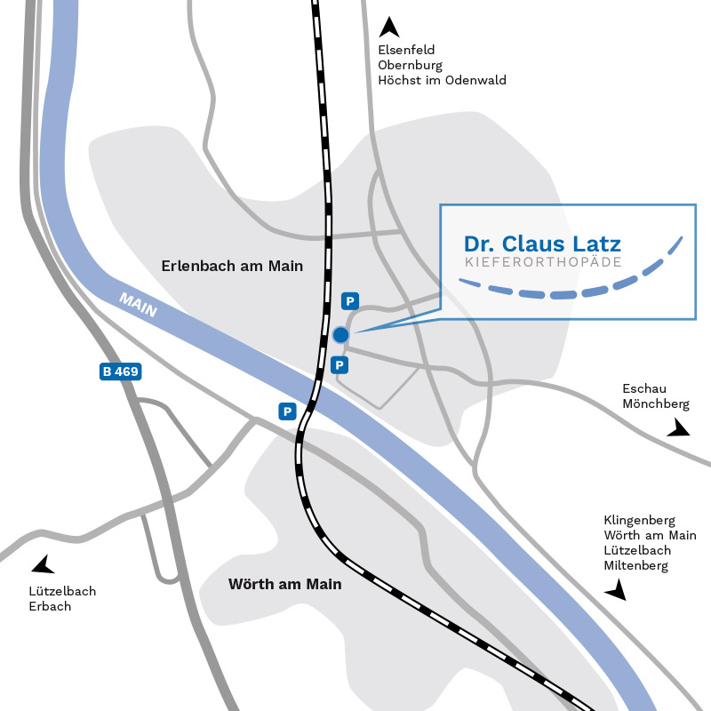 Ihr Weg zu Kieferorthopäde Dr. Latz Erlenbach aus Elsenfeld, Obernburg, 
							Lützelbach, Erbach, Eschau, Mönchberg, Klingenberg, Wörth am Main, Lützelbach, Miltenberg oder dem Odenwald